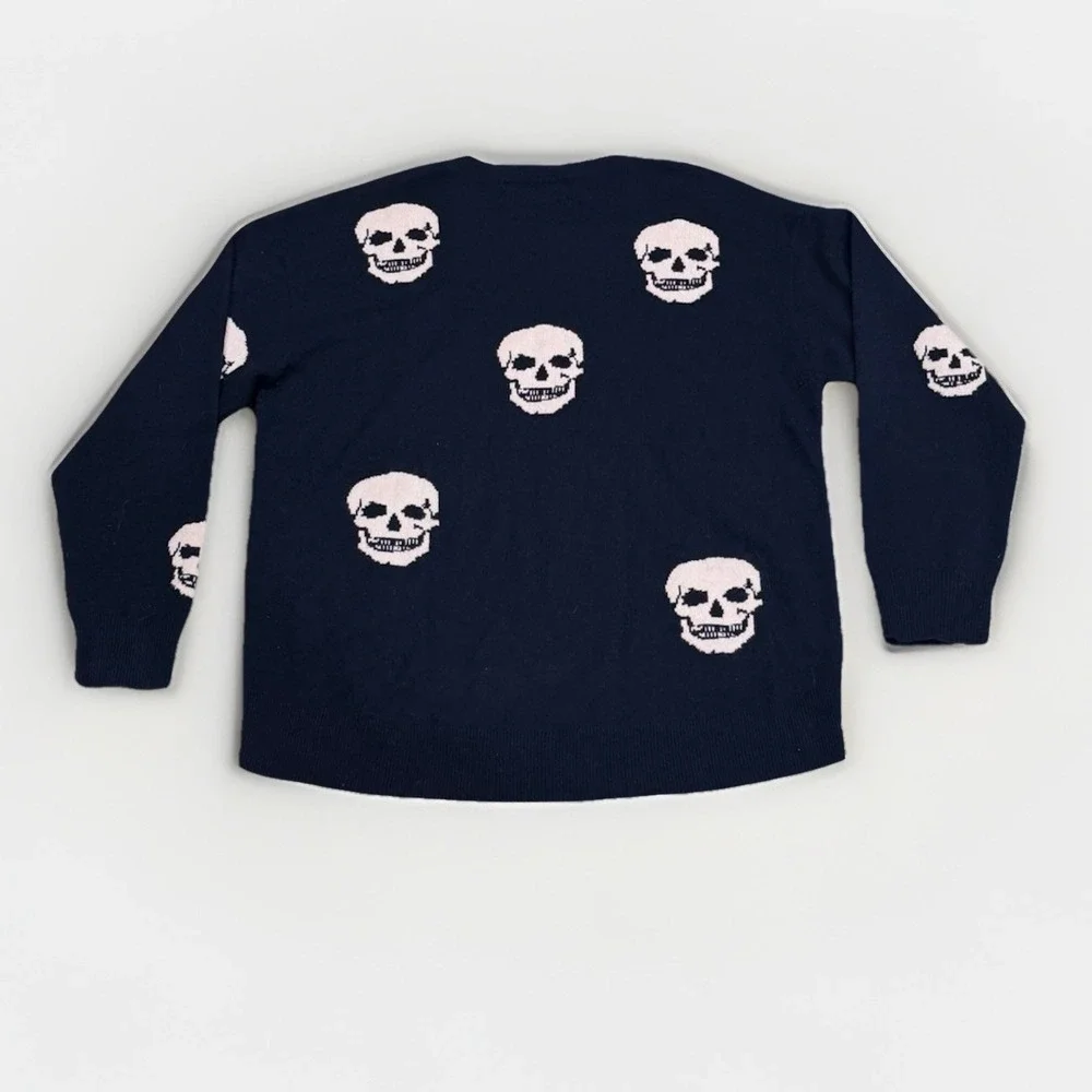 Skull Cashmere 100% Cashmere Crewneck Sweater‎ Navy Blue Skull All Over Size L